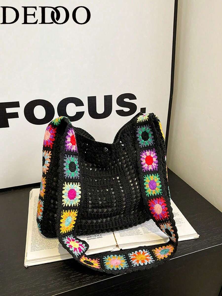 Dedoo Bohemian Style Women's Handbag, Large Capacity Open-Top Tote, Beach Bag, Travel Accessory, Woven Texture, Suitable For Work, School, Beach, Crochet, Holiday (Flower Color/Position Random) (Strap