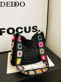 Dedoo Bohemian Style Women's Handbag, Large Capacity Open-Top Tote, Beach Bag, Travel Accessory, Woven Texture, Suitable For Work, School, Beach, Crochet, Holiday (Flower Color/Position Random) (Strap