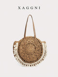 XAGGNI Brown Sun‑Pattern Crochet Round Woven Tote Bolso Bandolera With Smooth PU Shoulder Handles, White Tassel Fringe Lace Trim Decor, Large‑Capacity Casual Shoulder Bag, Summer Beach Vacation Purse