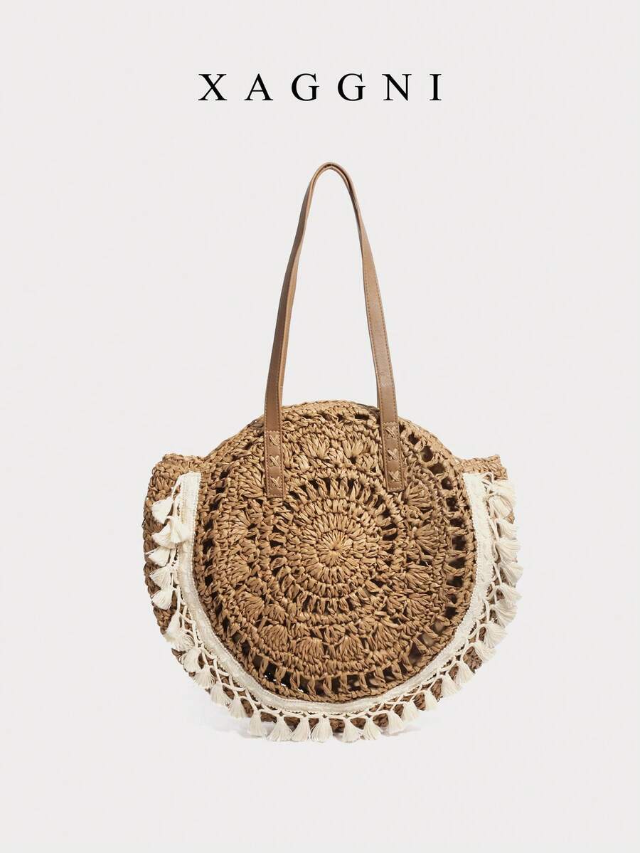 XAGGNI Brown Sun‑Pattern Crochet Round Woven Tote Bolso Bandolera With Smooth PU Shoulder Handles, White Tassel Fringe Lace Trim Decor, Large‑Capacity Casual Shoulder Bag, Summer Beach Vacation Purse