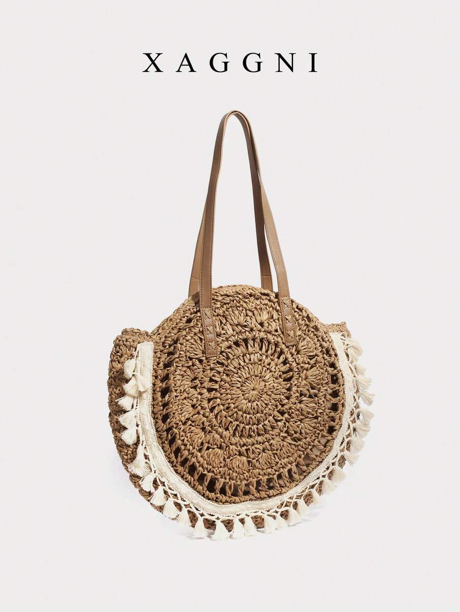 XAGGNI Brown Sun‑Pattern Crochet Round Woven Tote Bolso Bandolera With Smooth PU Shoulder Handles, White Tassel Fringe Lace Trim Decor, Large‑Capacity Casual Shoulder Bag, Summer Beach Vacation Purse