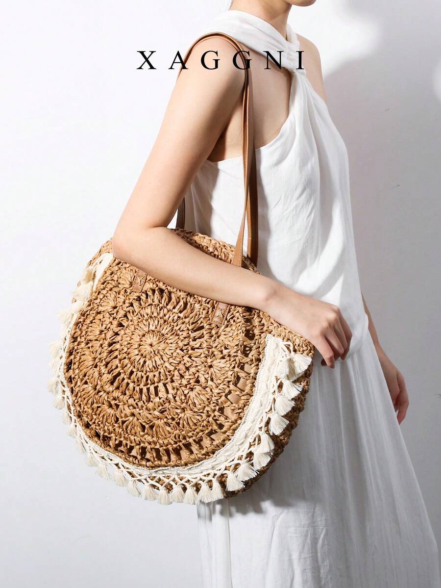 XAGGNI Brown Sun‑Pattern Crochet Round Woven Tote Bolso Bandolera With Smooth PU Shoulder Handles, White Tassel Fringe Lace Trim Decor, Large‑Capacity Casual Shoulder Bag, Summer Beach Vacation Purse