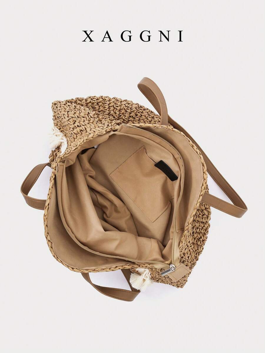 XAGGNI Brown Sun‑Pattern Crochet Round Woven Tote Bolso Bandolera With Smooth PU Shoulder Handles, White Tassel Fringe Lace Trim Decor, Large‑Capacity Casual Shoulder Bag, Summer Beach Vacation Purse