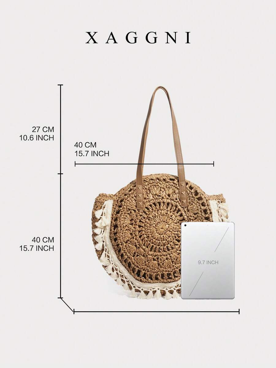 XAGGNI Brown Sun‑Pattern Crochet Round Woven Tote Bolso Bandolera With Smooth PU Shoulder Handles, White Tassel Fringe Lace Trim Decor, Large‑Capacity Casual Shoulder Bag, Summer Beach Vacation Purse
