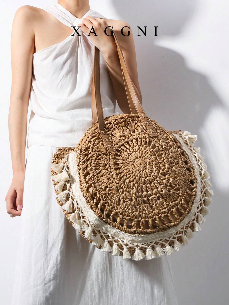 XAGGNI Brown Sun‑Pattern Crochet Round Woven Tote Bolso Bandolera With Smooth PU Shoulder Handles, White Tassel Fringe Lace Trim Decor, Large‑Capacity Casual Shoulder Bag, Summer Beach Vacation Purse