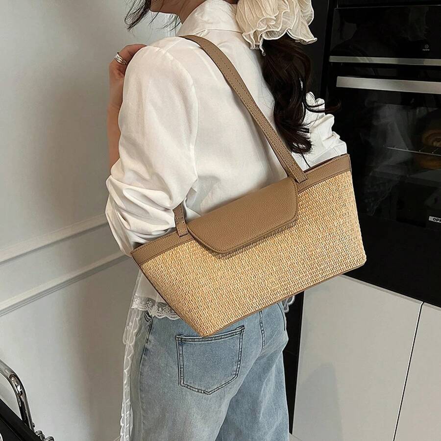Fashion Women Shoulder Bag PU Woven Patchwork Stick Bag Large Capacity Tote Bag New Casual Woven Contrasting Color Handbag