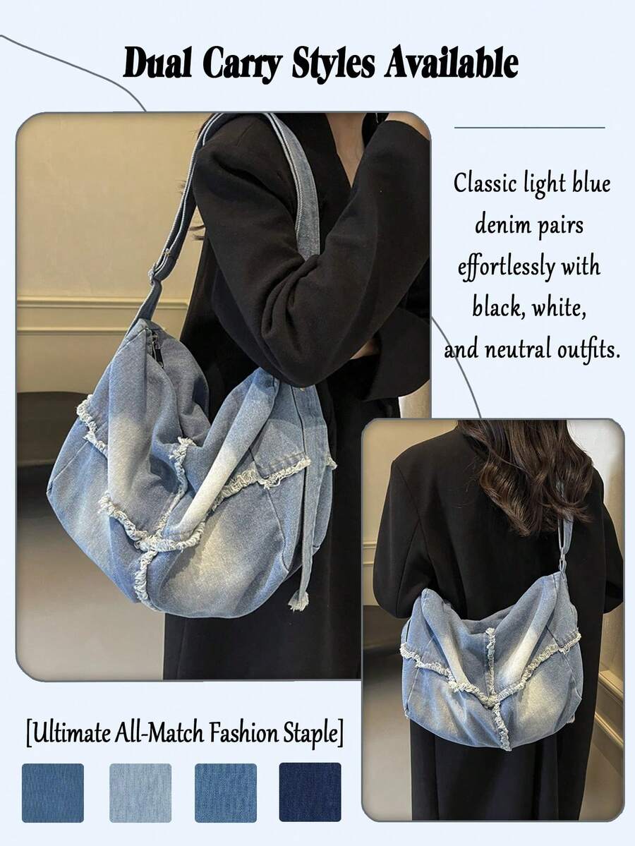 Vintage Washed Denim Hobo Shoulder Bag For Women Large Capacity Tote Bag Practical Fabric Adjustable Strap Crossbody Bag For Daily Shopping Travel