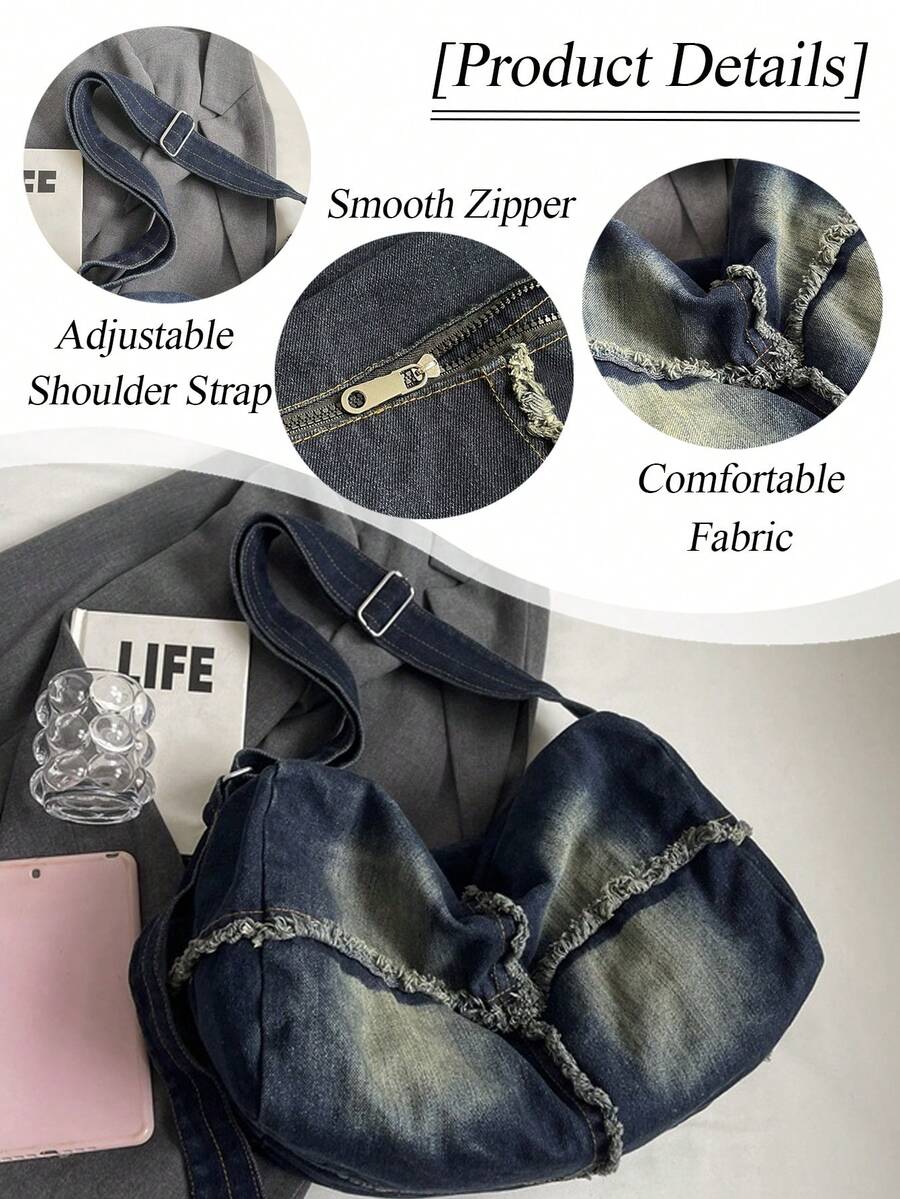 Vintage Washed Denim Hobo Shoulder Bag For Women Large Capacity Tote Bag Practical Fabric Adjustable Strap Crossbody Bag For Daily Shopping Travel