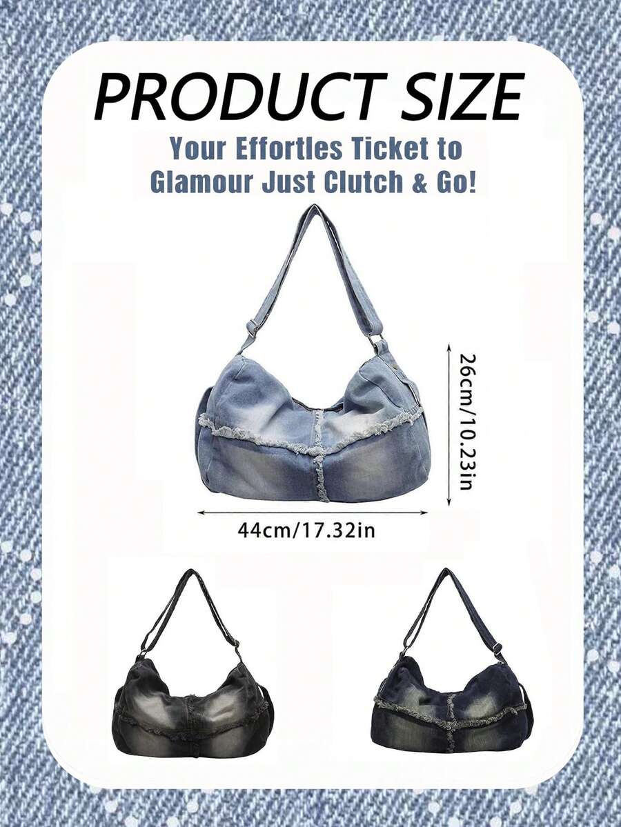 Vintage Washed Denim Hobo Shoulder Bag For Women Large Capacity Tote Bag Practical Fabric Adjustable Strap Crossbody Bag For Daily Shopping Travel