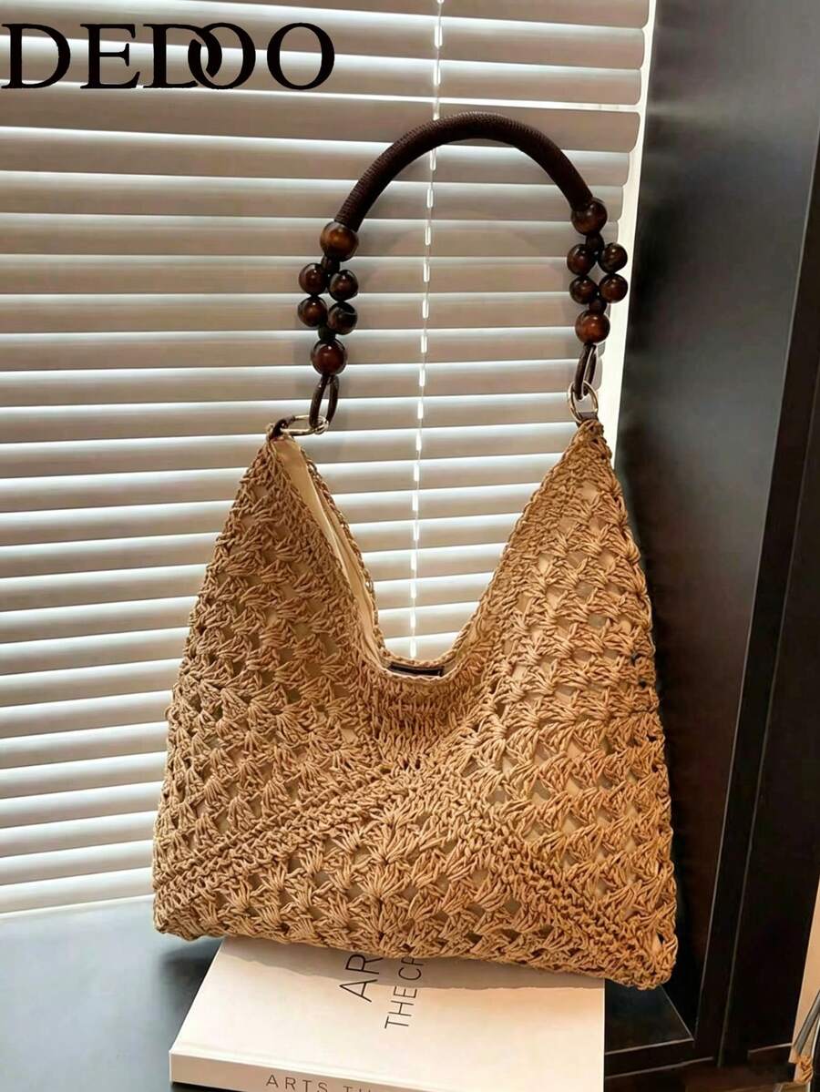 Dedoo Large Capacity Hollow Straw Tote Bag, Bohemian Style Woven Shoulder Bag, Casual Retro Romantic Tricolor Diagonal Geometric Pattern, Suitable For Travel, Beach, Summer Outings, Shopping