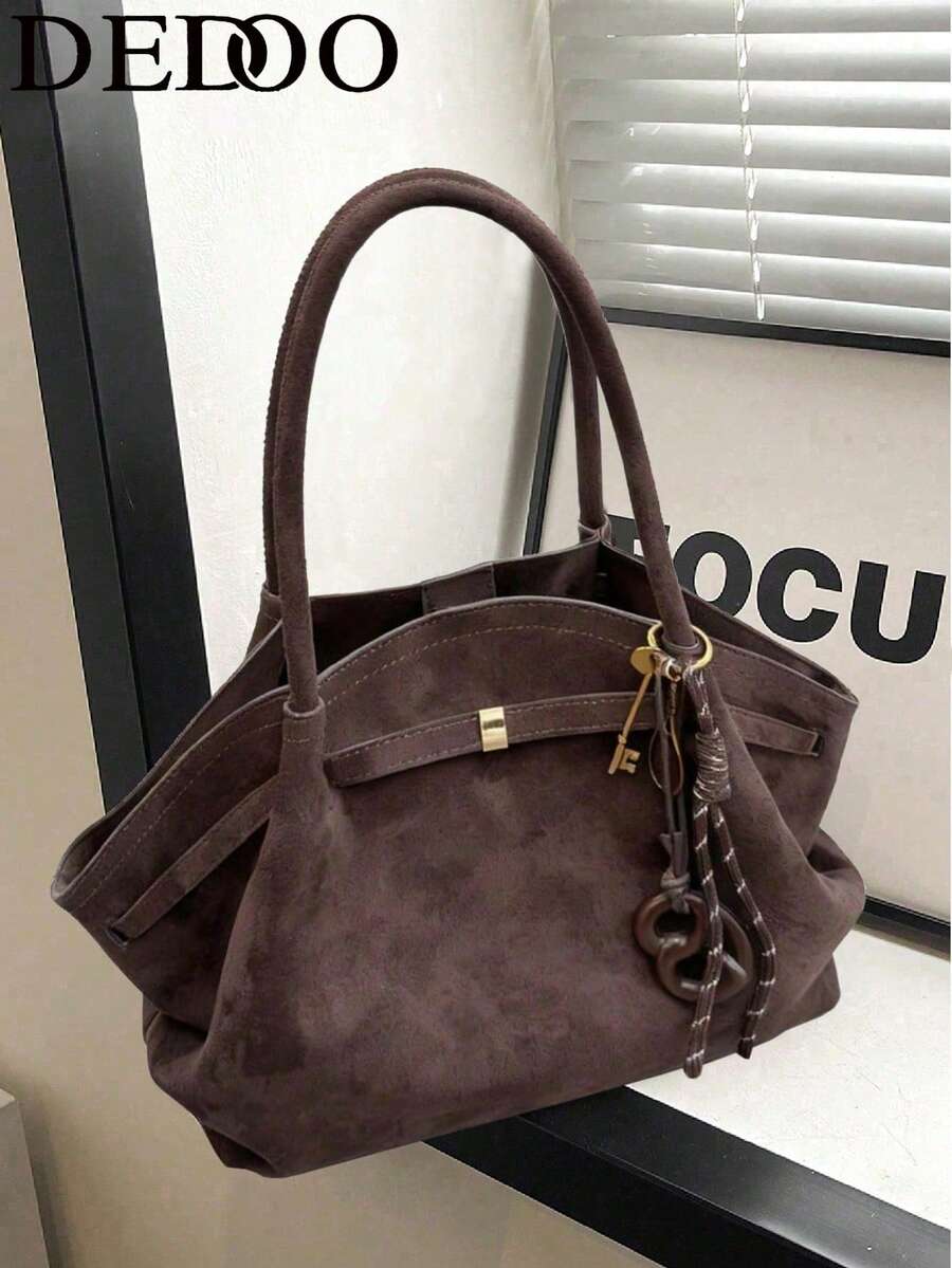 Dedoo 1pc FEISTURE Faux Suede Tote Bag, Large Capacity Solid Color Mature Elegant Ladies Handbag, Retro Style Work Bag Suitable For Girls, Women, College Students, Office Ladies