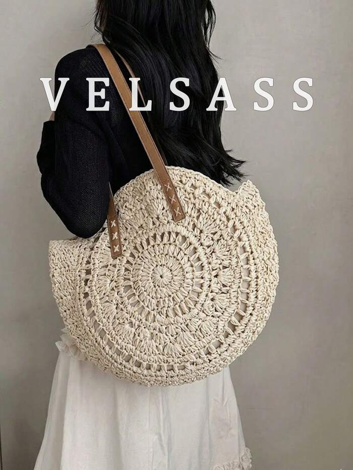 Women's Round Hollow Crochet Tote Bag, Capacity Shoulder Bag