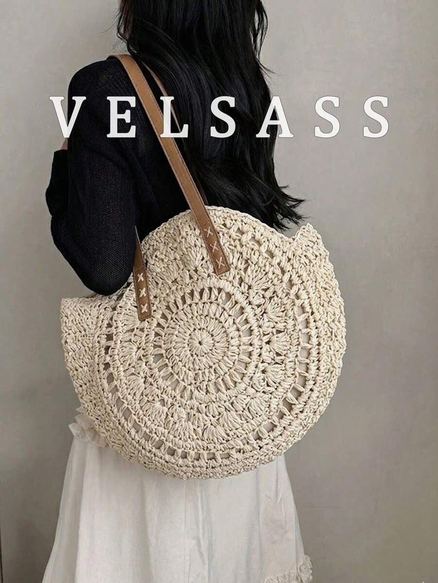 Women's Round Hollow Crochet Tote Bag,Capacity Shoulder Bag, Summer Beach & Vacation Casual Handbag,Beach Bag,Summer