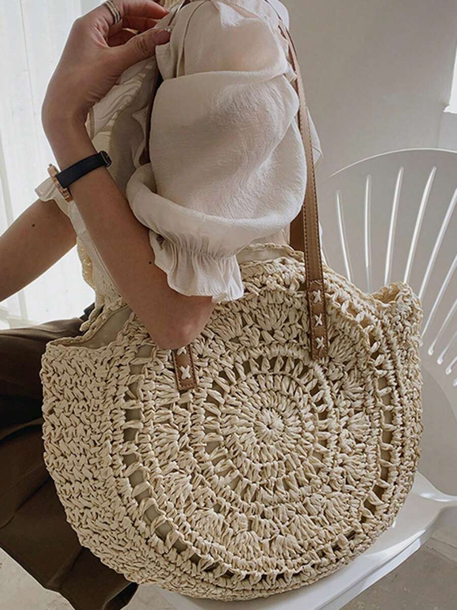 Women's Round Hollow Crochet Tote Bag,Capacity Shoulder Bag, Summer Beach & Vacation Casual Handbag,Beach Bag,Summer