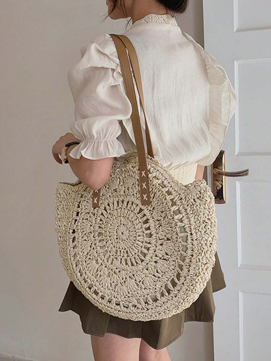 Women's Round Hollow Crochet Tote Bag,Capacity Shoulder Bag, Summer Beach & Vacation Casual Handbag,Beach Bag,Summer