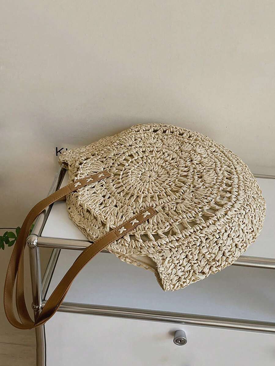 Women's Round Hollow Crochet Tote Bag,Capacity Shoulder Bag, Summer Beach & Vacation Casual Handbag,Beach Bag,Summer