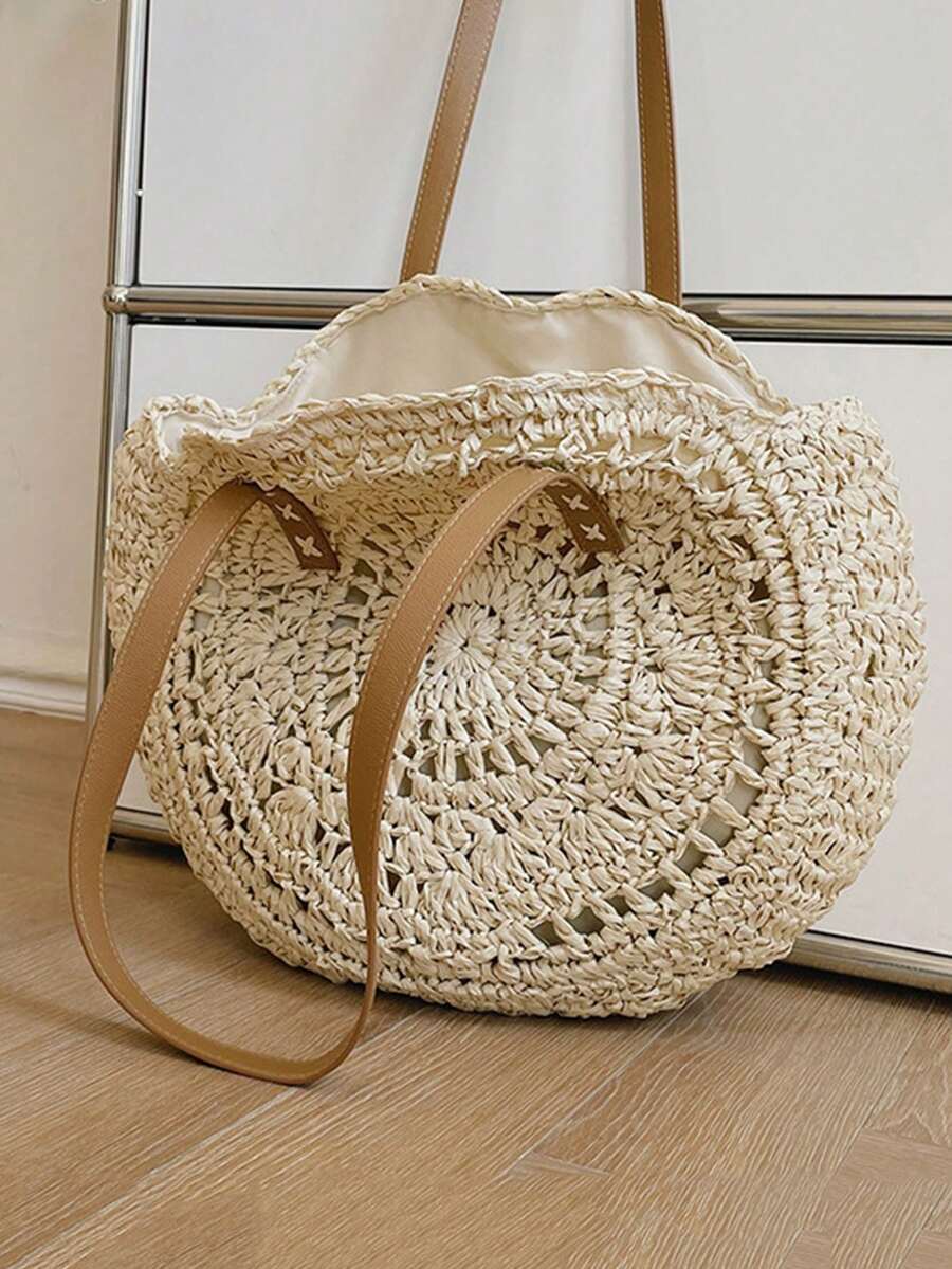 Women's Round Hollow Crochet Tote Bag,Capacity Shoulder Bag, Summer Beach & Vacation Casual Handbag,Beach Bag,Summer