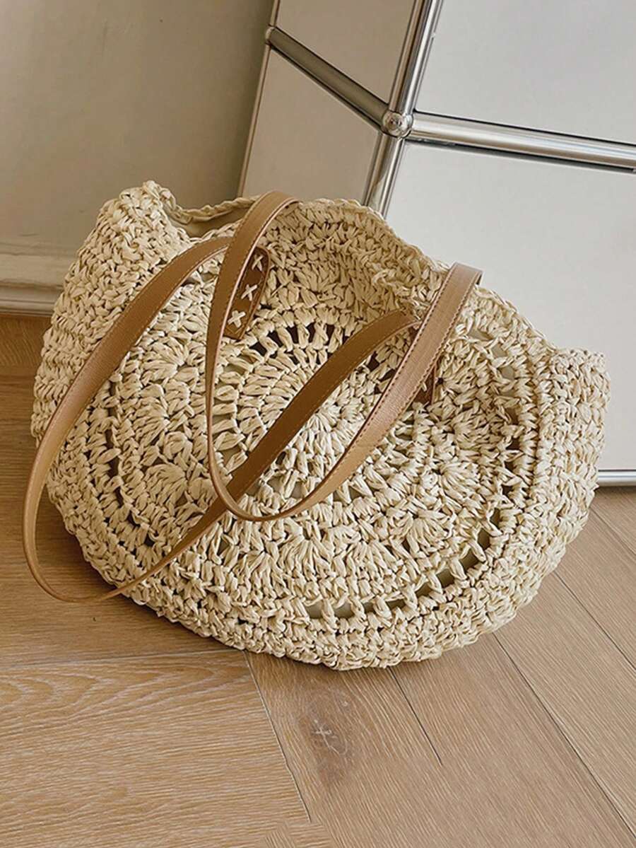 Women's Round Hollow Crochet Tote Bag,Capacity Shoulder Bag, Summer Beach & Vacation Casual Handbag,Beach Bag,Summer