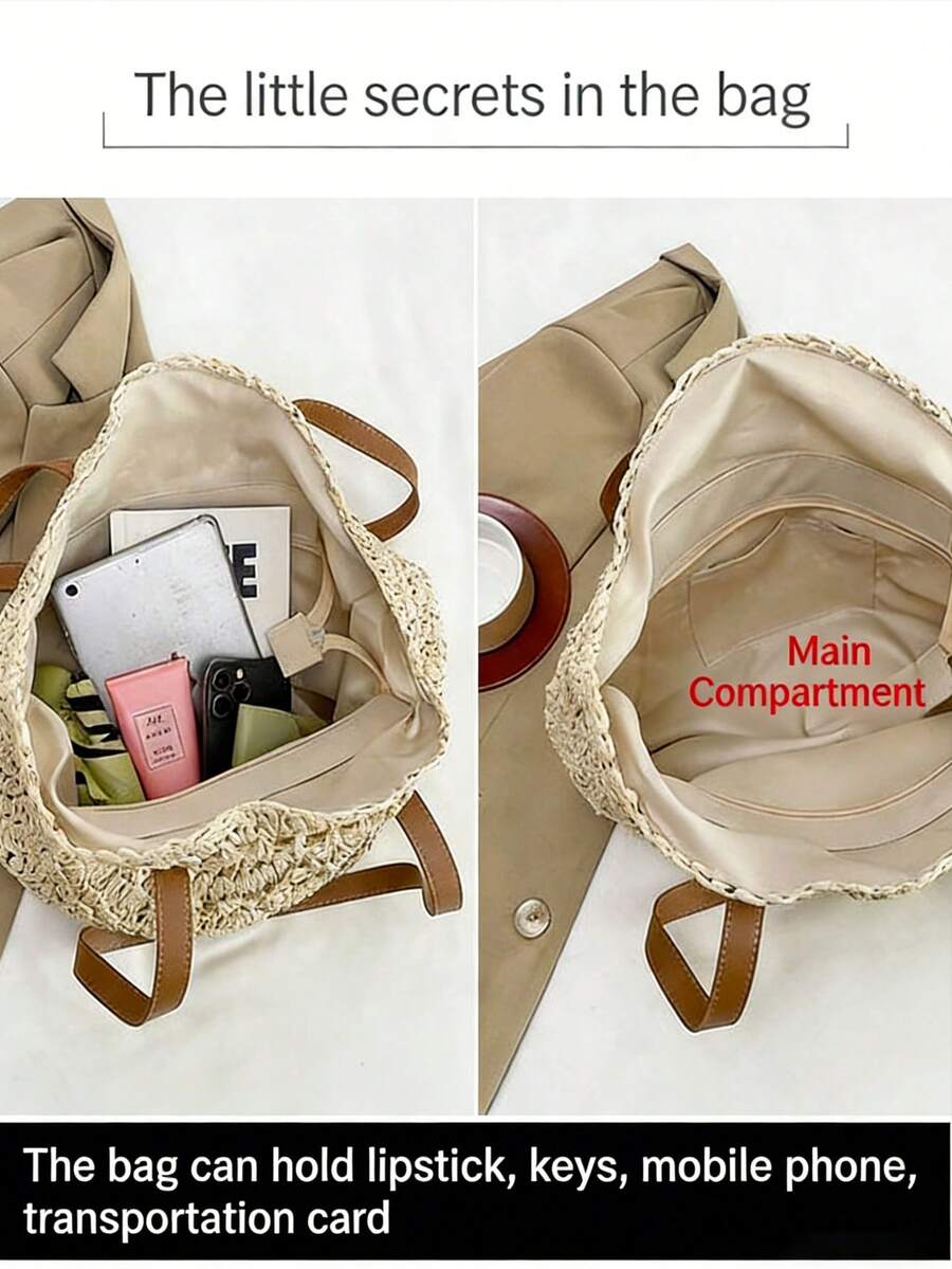 Women's Round Hollow Crochet Tote Bag,Capacity Shoulder Bag, Summer Beach & Vacation Casual Handbag,Beach Bag,Summer