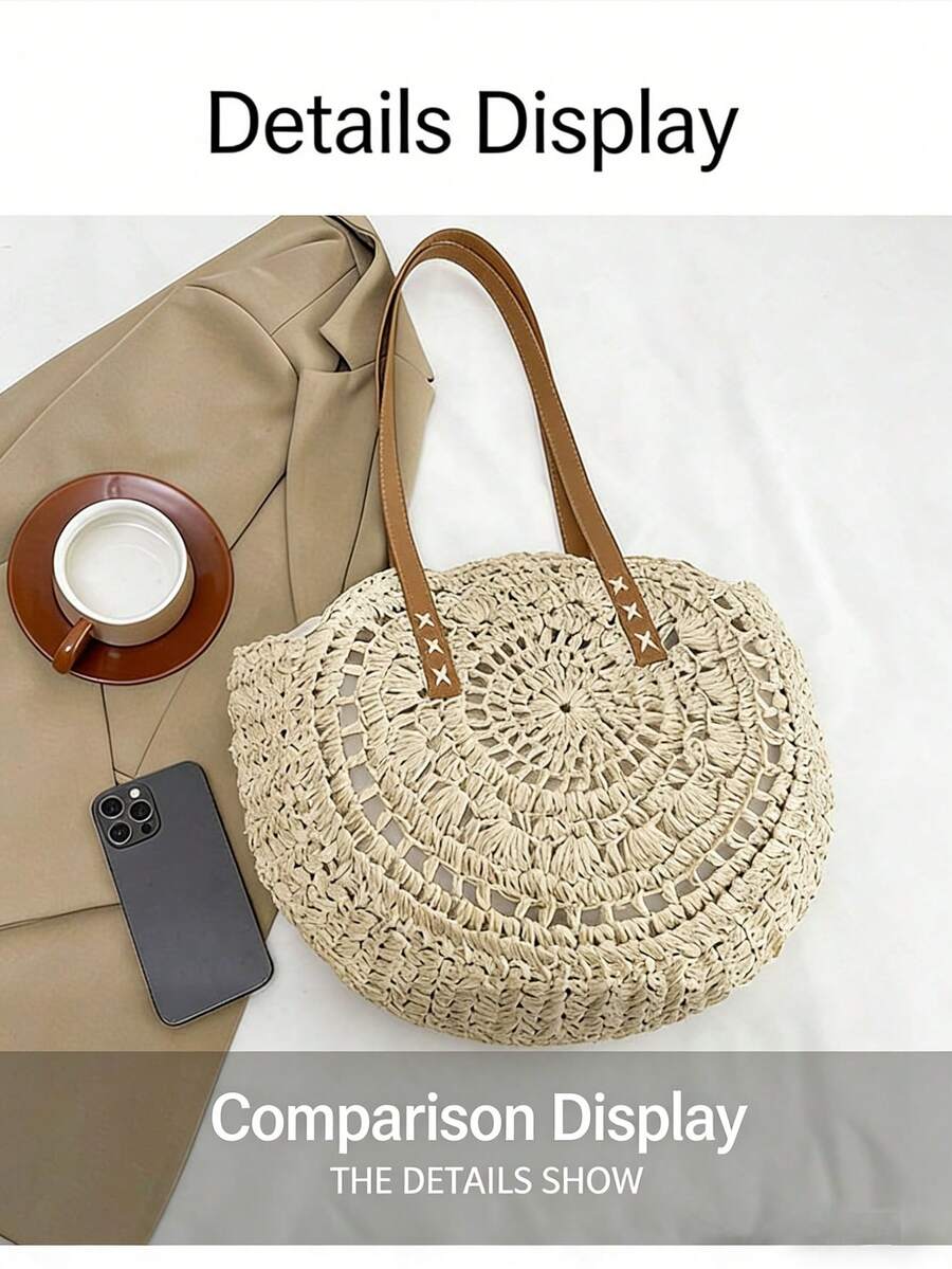 Women's Round Hollow Crochet Tote Bag,Capacity Shoulder Bag, Summer Beach & Vacation Casual Handbag,Beach Bag,Summer