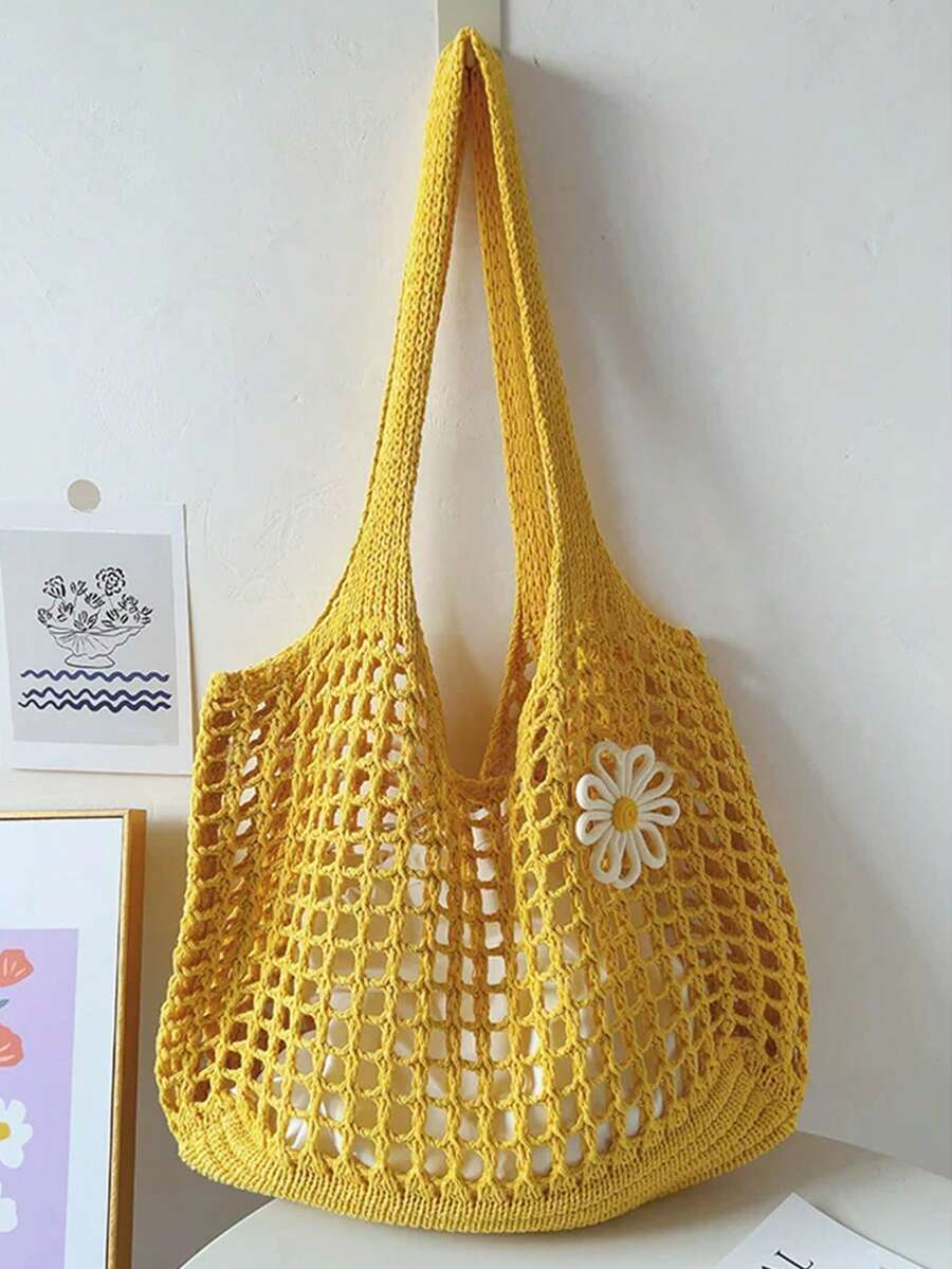 Yogodlns Women Knitted Hollow Out Tote Bags New Large Capacity Shoulder Composite Bag Weave Beach Vacation Handbags Vintage Hollow Woven Women Shoulder Bag Knitting Handbags Large Capacity Tote Bags F