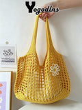 Yogodlns Women Knitted Hollow Out Tote Bags New Large Capacity Shoulder Composite Bag Weave Beach Vacation Handbags Vintage Hollow Woven Women Shoulder Bag Knitting Handbags Large Capacity Tote Bags F