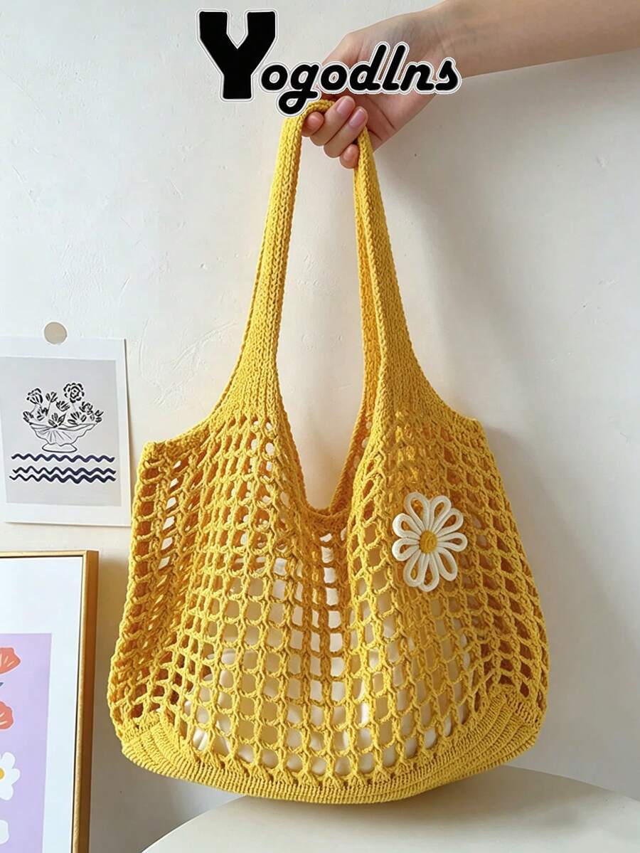 Yogodlns Women Knitted Hollow Out Tote Bags New Large Capacity Shoulder Composite Bag Weave Beach Vacation Handbags Vintage Hollow Woven Women Shoulder Bag Knitting Handbags Large Capacity Tote Bags F