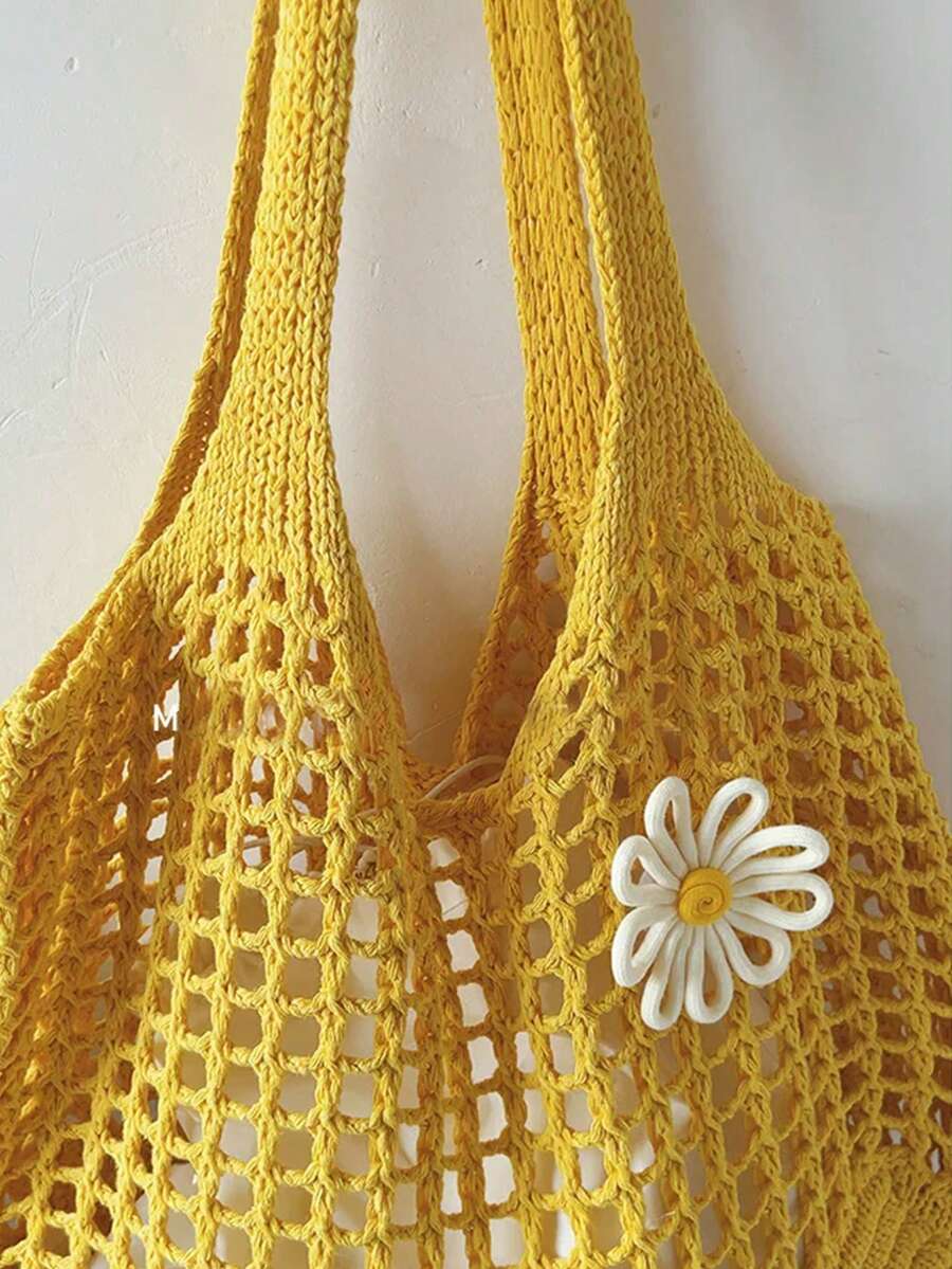 Yogodlns Women Knitted Hollow Out Tote Bags New Large Capacity Shoulder Composite Bag Weave Beach Vacation Handbags Vintage Hollow Woven Women Shoulder Bag Knitting Handbags Large Capacity Tote Bags F