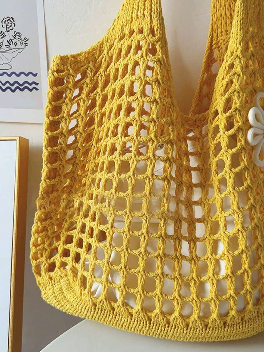 Yogodlns Women Knitted Hollow Out Tote Bags New Large Capacity Shoulder Composite Bag Weave Beach Vacation Handbags Vintage Hollow Woven Women Shoulder Bag Knitting Handbags Large Capacity Tote Bags F