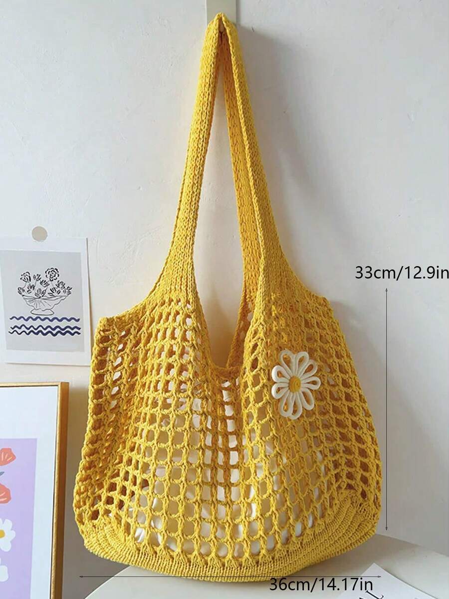 Yogodlns Women Knitted Hollow Out Tote Bags New Large Capacity Shoulder Composite Bag Weave Beach Vacation Handbags Vintage Hollow Woven Women Shoulder Bag Knitting Handbags Large Capacity Tote Bags F