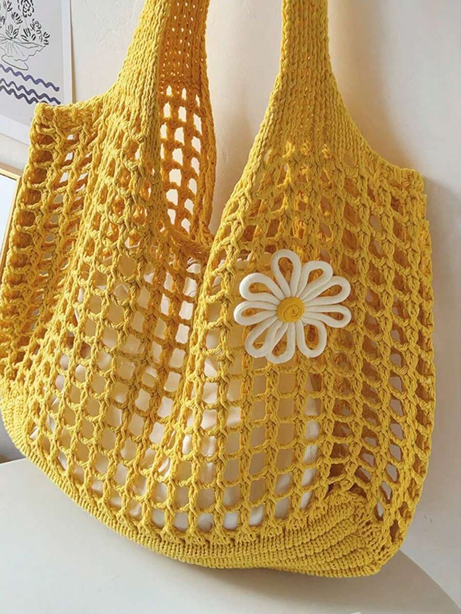 Yogodlns Women Knitted Hollow Out Tote Bags New Large Capacity Shoulder Composite Bag Weave Beach Vacation Handbags Vintage Hollow Woven Women Shoulder Bag Knitting Handbags Large Capacity Tote Bags F