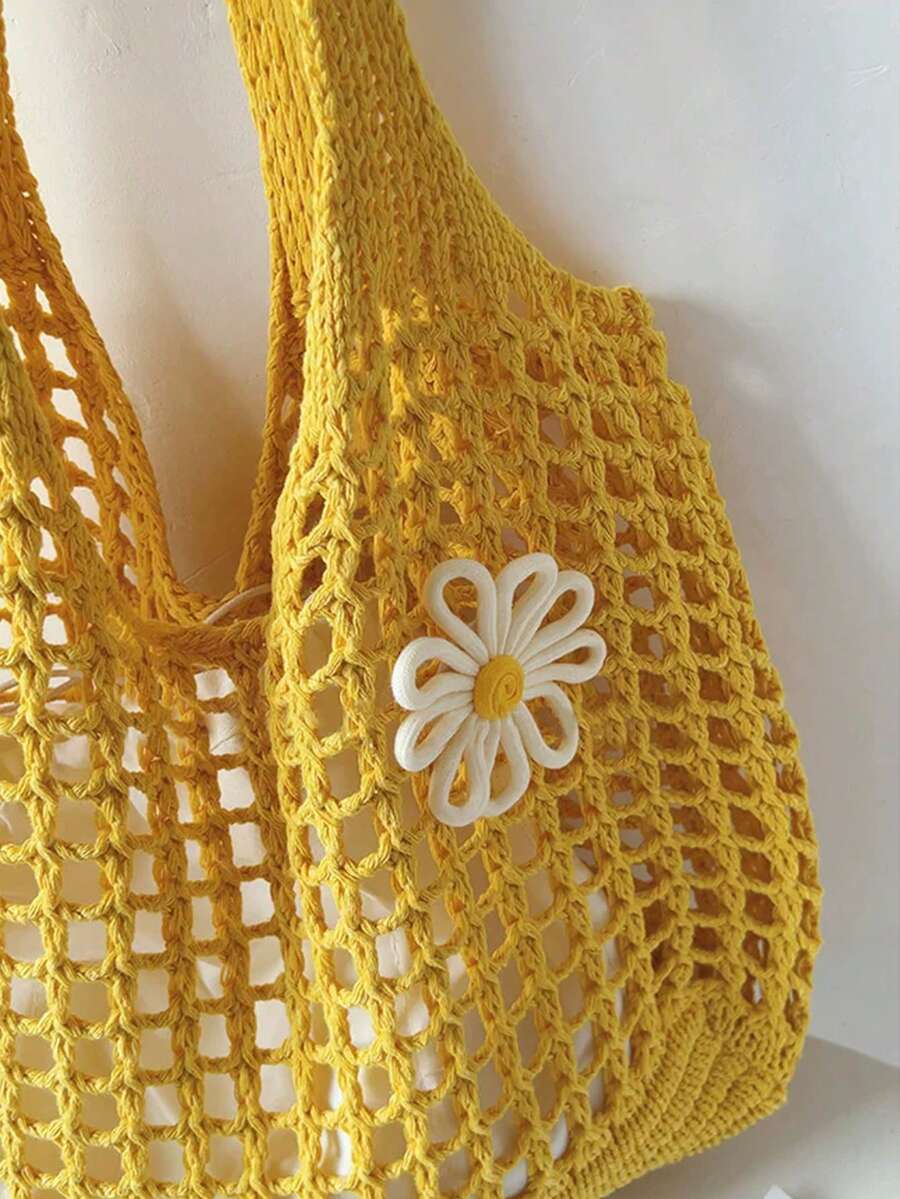 Yogodlns Women Knitted Hollow Out Tote Bags New Large Capacity Shoulder Composite Bag Weave Beach Vacation Handbags Vintage Hollow Woven Women Shoulder Bag Knitting Handbags Large Capacity Tote Bags F
