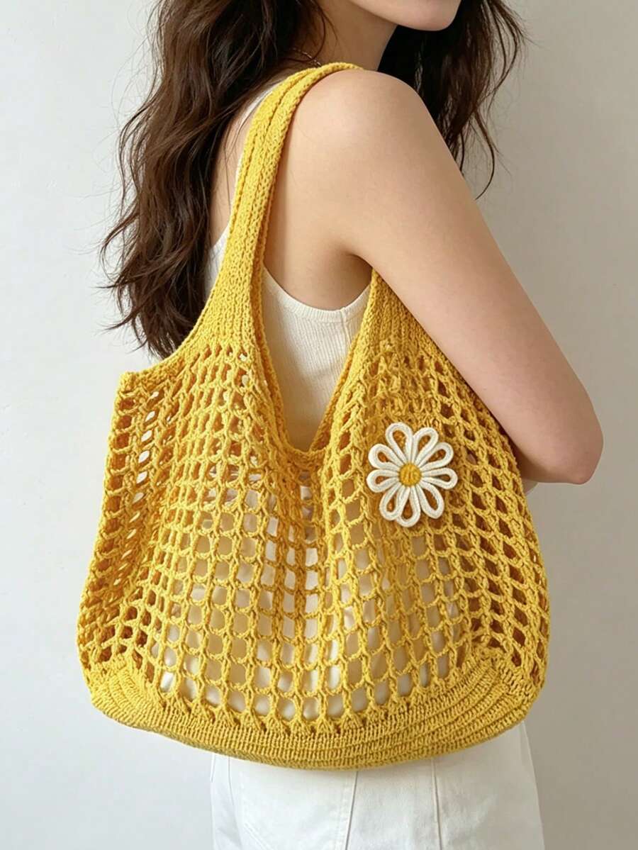 Yogodlns Women Knitted Hollow Out Tote Bags New Large Capacity Shoulder Composite Bag Weave Beach Vacation Handbags Vintage Hollow Woven Women Shoulder Bag Knitting Handbags Large Capacity Tote Bags F