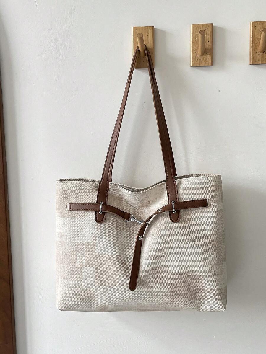 1pc Black Summer New Fashion Strap Decor Large Capacity Contrast Color PU Tote Bag Women's Shoulder Bag