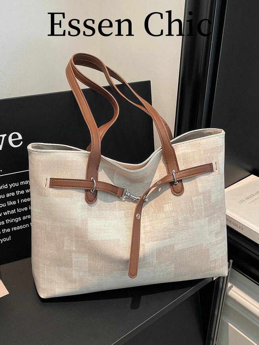 1pc Black Summer New Fashion Strap Decor Large Capacity Contrast Color PU Tote Bag Women's Shoulder Bag