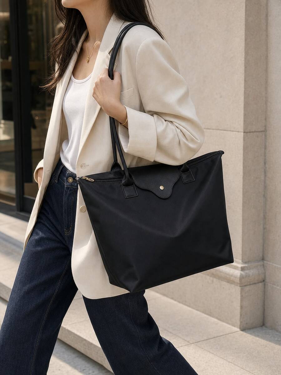 2026 New Summer Women's Large Capacity Zipper Shoulder Tote Bag With Hanging Ornament, Simple Versatile Solid Color Casual Crossbody Bag