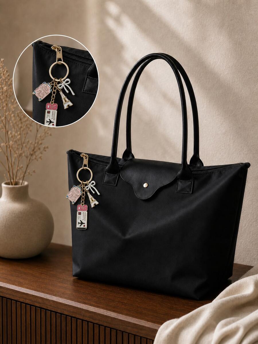 2026 New Summer Women's Large Capacity Zipper Shoulder Tote Bag With Hanging Ornament, Simple Versatile Solid Color Casual Crossbody Bag