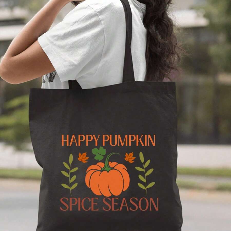 Women'S Happy Pumpkin Spice Season Tote Bag- Large Capacity Open-Top Handbag With Pumpkin & Fall Leaves Design, Durable Casual Everyday & Halloween Party Bag, Festive Accessory, Festive Gift Idea, Li
