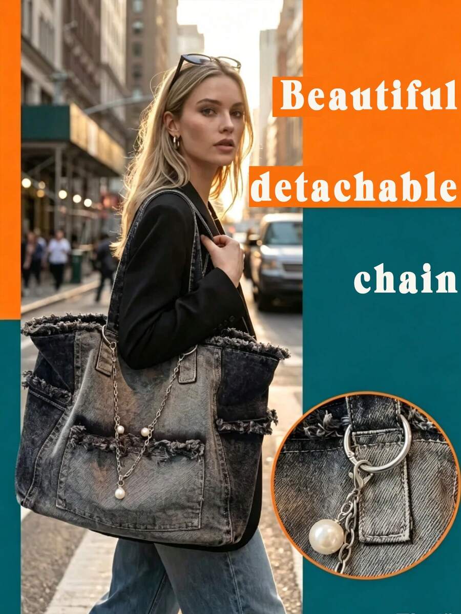 Shoulder Bag Pockets Denim Bag For Urban Women Heavy-Duty Tote Bag Summer Vibe Beach Trips Travel Essential Purses Bags Women Summer Bags For Women