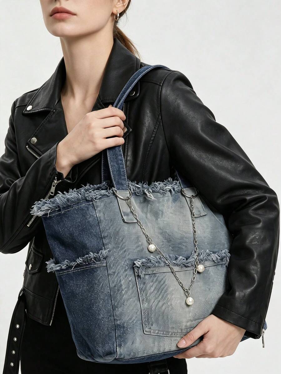Shoulder Bag Pockets Denim Bag For Urban Women Heavy-Duty Tote Bag Summer Vibe Beach Trips Travel Essential Purses Bags Women Summer Bags For Women
