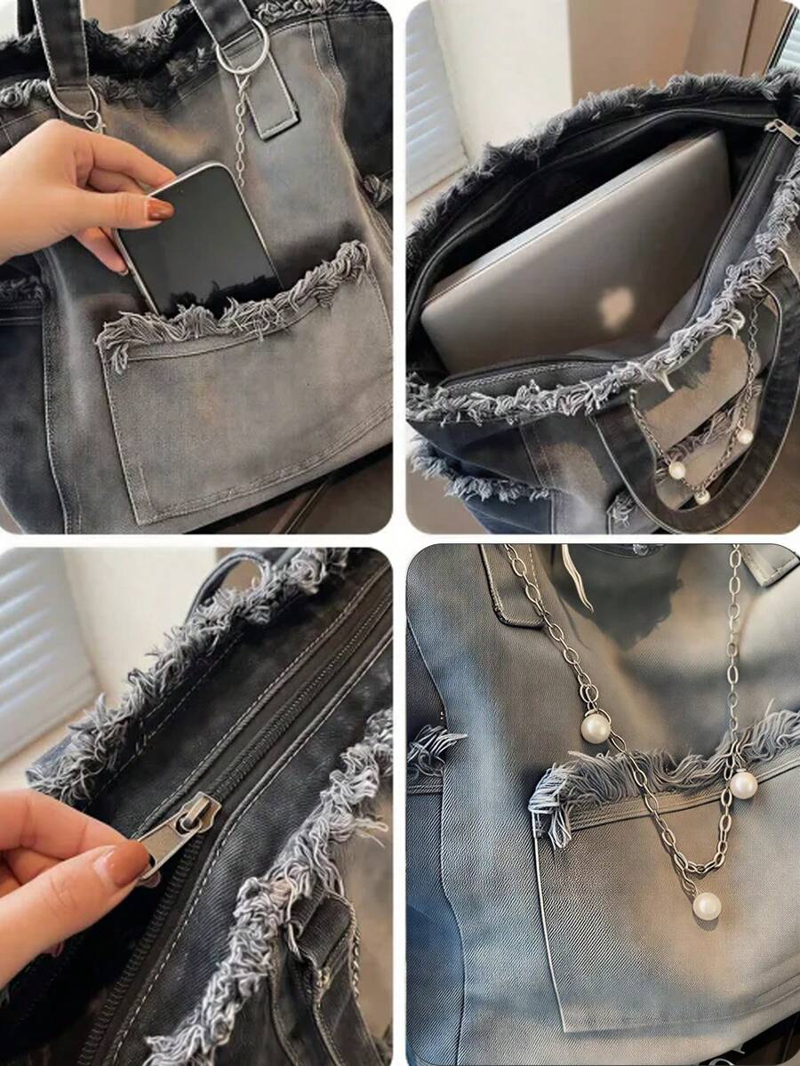 Shoulder Bag Pockets Denim Bag For Urban Women Heavy-Duty Tote Bag Summer Vibe Beach Trips Travel Essential Purses Bags Women Summer Bags For Women