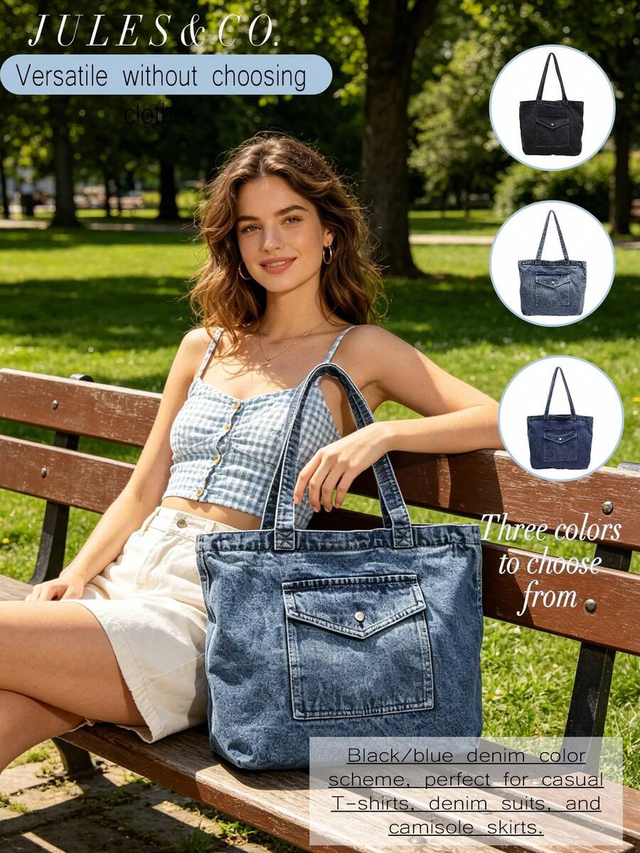Women's Vintage Blue Washed Denim Tote Bag Large Capacity Shoulder Handbag With Multiple Pockets Daily Bag For Shopping Travel School Commute
