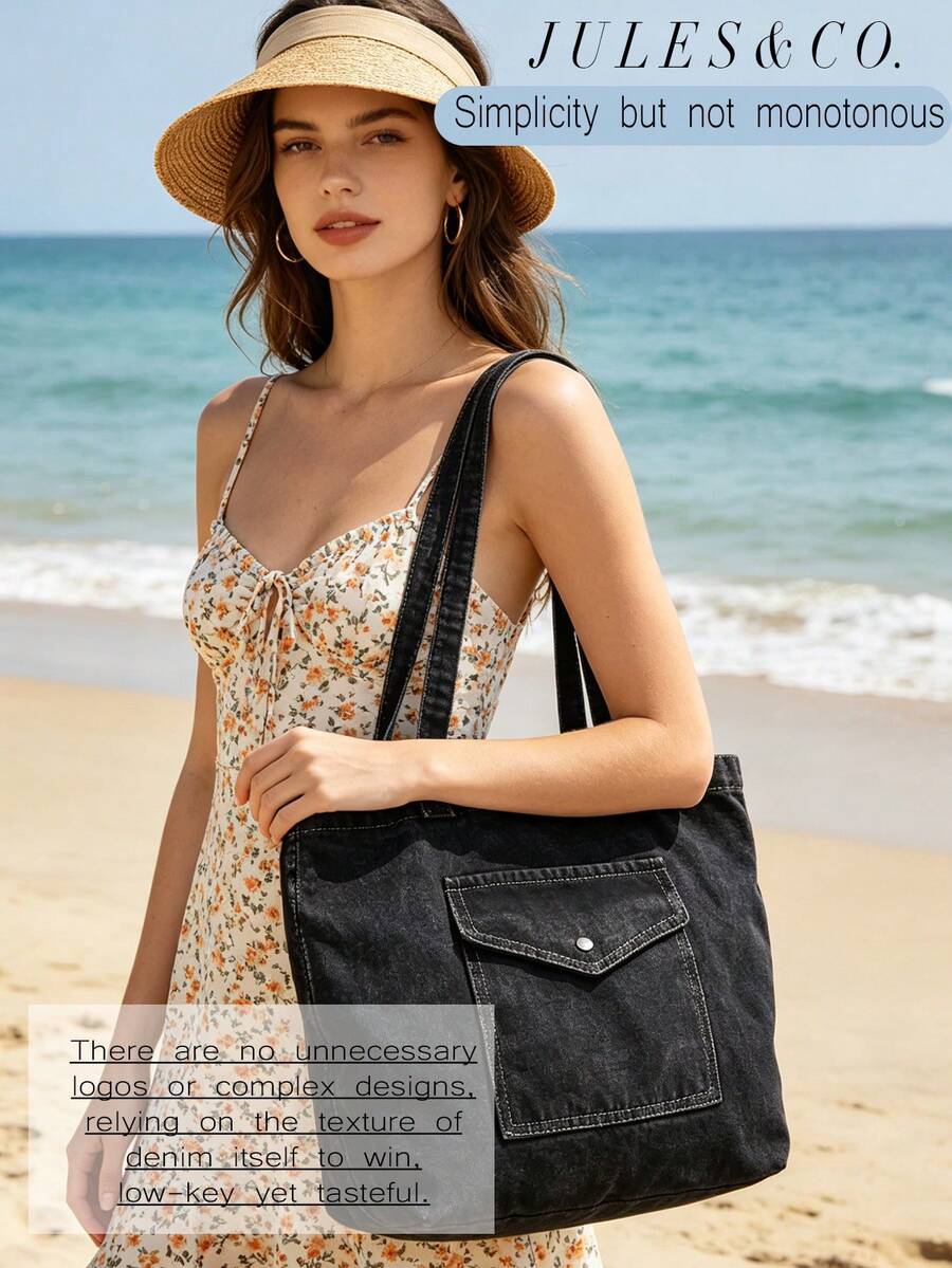 Women's Vintage Blue Washed Denim Tote Bag Large Capacity Shoulder Handbag With Multiple Pockets Daily Bag For Shopping Travel School Commute