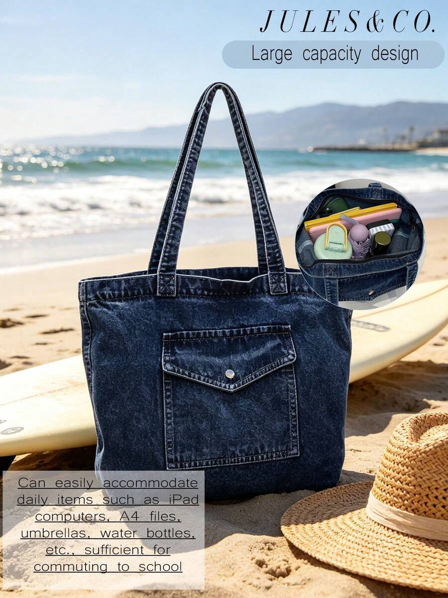 Women's Vintage Blue Washed Denim Tote Bag Large Capacity Shoulder Handbag With Multiple Pockets Daily Bag For Shopping Travel School Commute