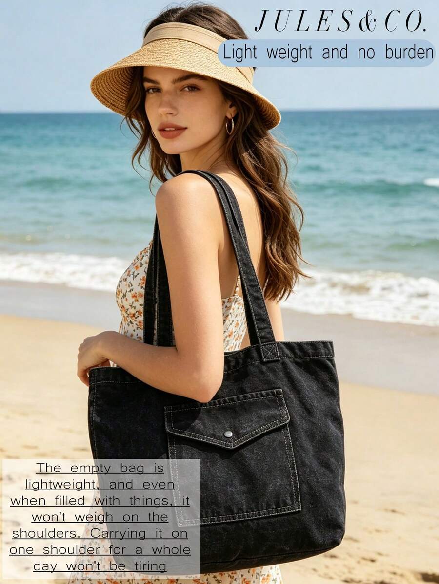 Women's Vintage Blue Washed Denim Tote Bag Large Capacity Shoulder Handbag With Multiple Pockets Daily Bag For Shopping Travel School Commute