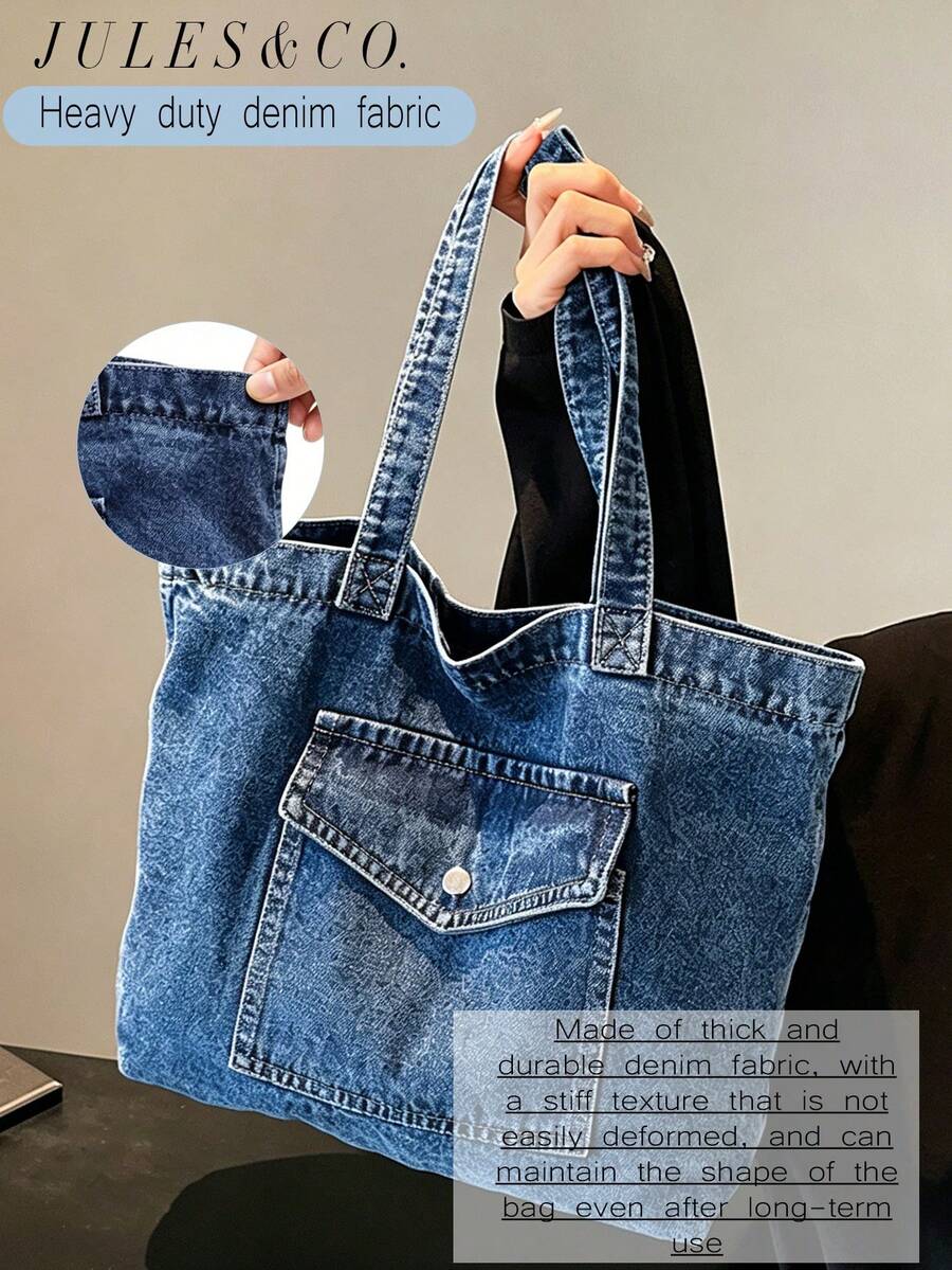 Women's Vintage Blue Washed Denim Tote Bag Large Capacity Shoulder Handbag With Multiple Pockets Daily Bag For Shopping Travel School Commute