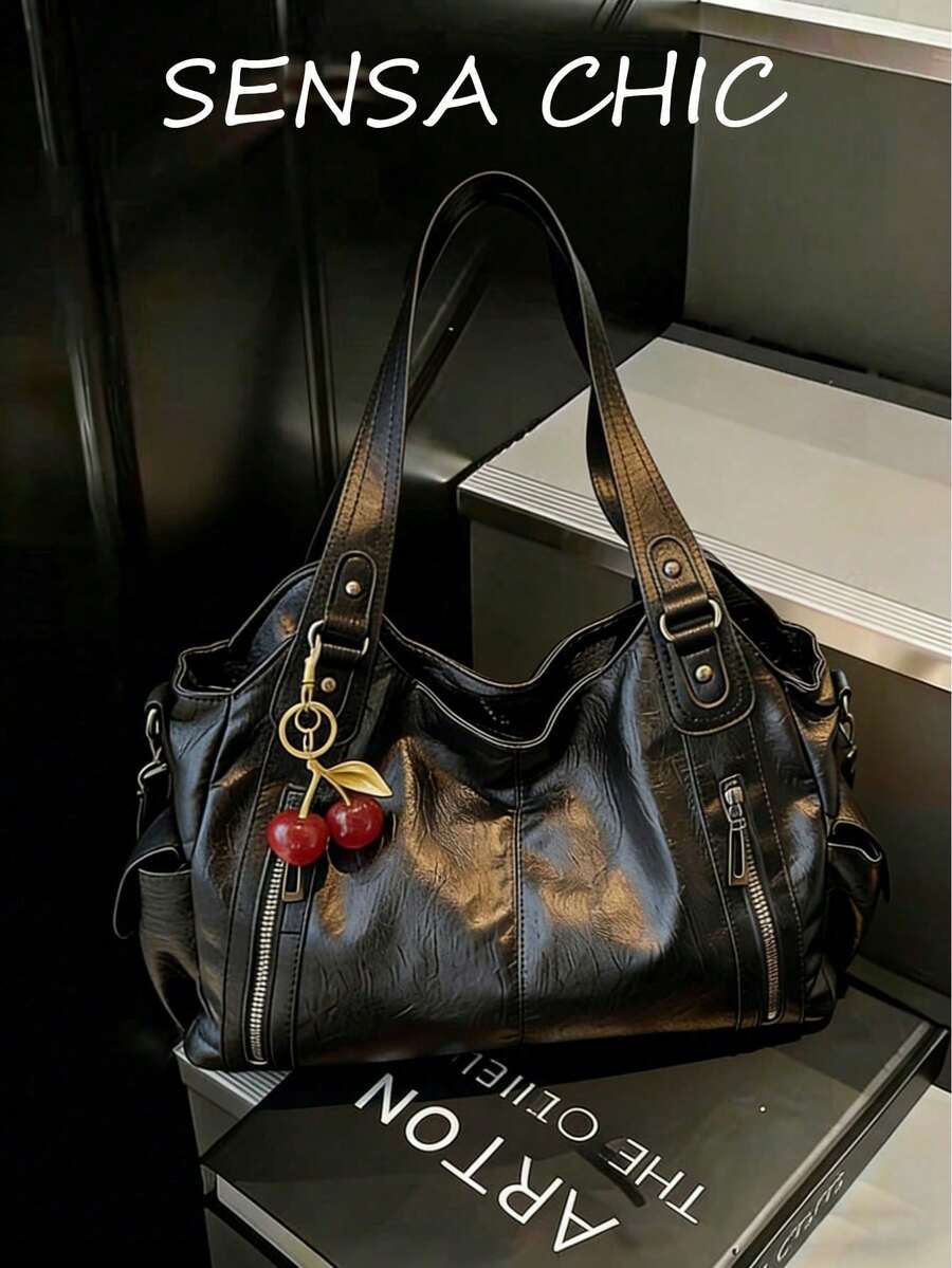 Classic And Fashionable Multi-Functional Solid Color Large Capacity Retro PU Leather Shoulder Bag, Decorated With A Cherry Pendant