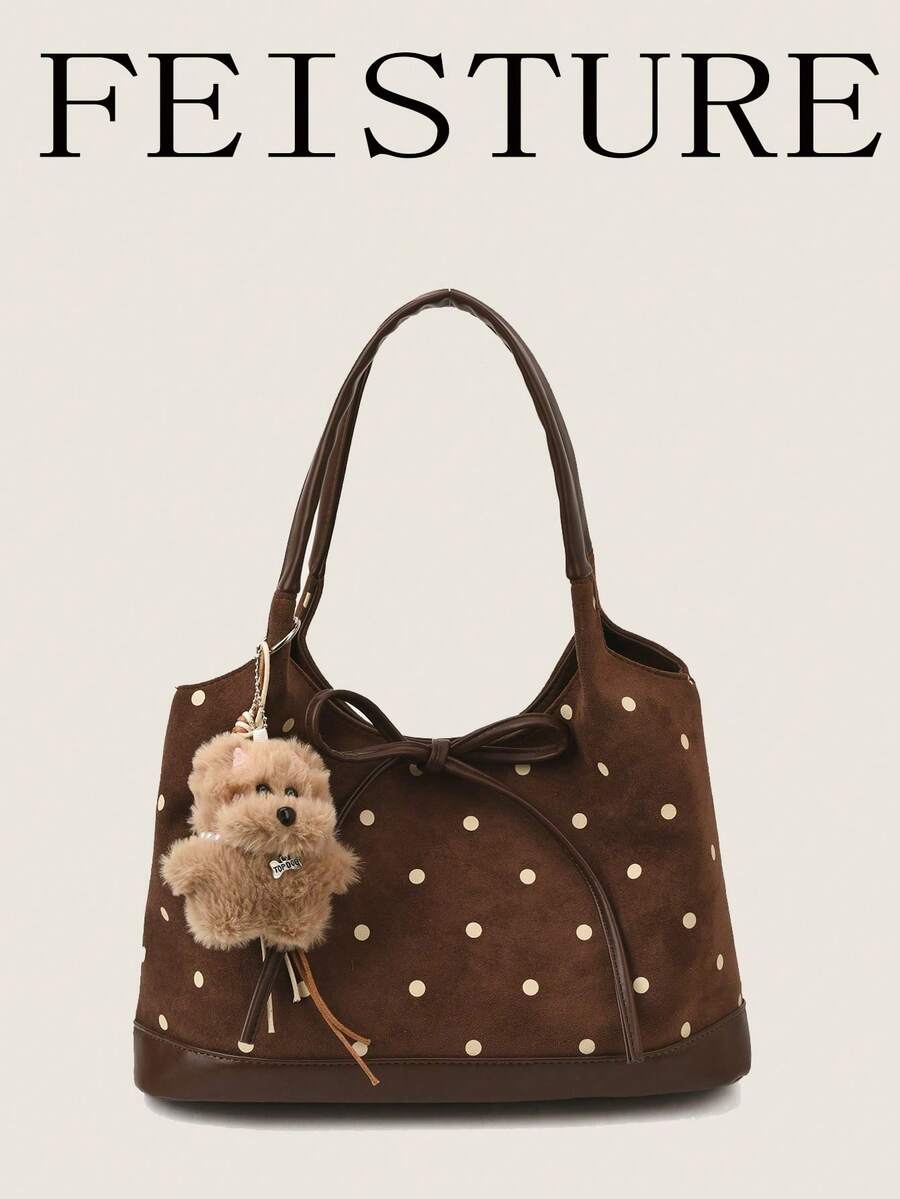 FEISTURE 1pc Polka Dot Flocked Fashion Women's Handbag, Shoulder Tote Bag, Suitable For Daily Outings, Dates, Commuting, Sold With Pendant