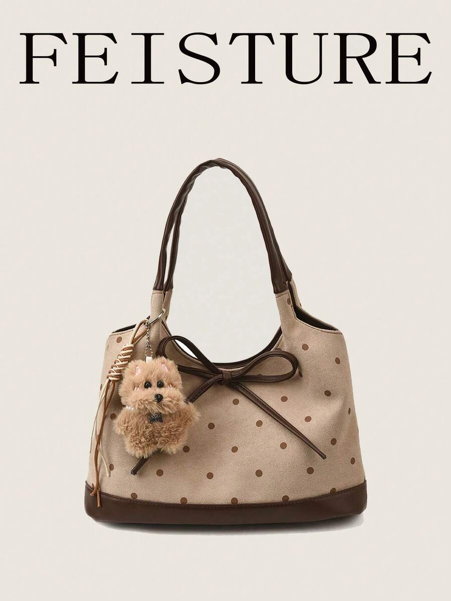FEISTURE 1pc Polka Dot Flocked Fashion Women's Handbag, Shoulder Tote Bag, Suitable For Daily Outings, Dates, Commuting, Sold With Pendant
