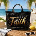 Faith "Gold Purple Printed Handbag, Bright Black PVC Handbag, Inspiring Casual Shoulder Bag, Large Capacity Church/Daily Women's Clothing Gift Handbag